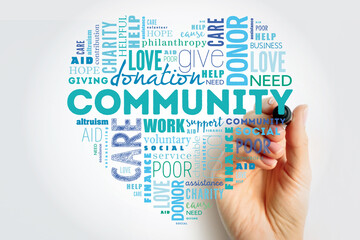 Community word cloud collage with marker, heart concept background