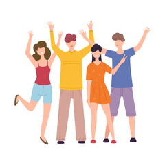 Naklejka premium Group of cheerful young people standing together waving and greeting. Happy team concept. Vector illustration