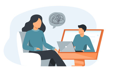Doctor and patient discussing mental tangled rope, using computer for distance talk. Woman consulting psychologist online. Vector illustration for counseling, therapy, psychology, support concept.	
