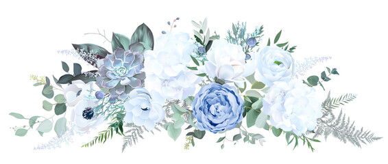 Dusty blue rose, white hydrangea, ranunculus, magnolia, anemone, succulent