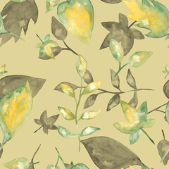 Green with yellow leaves and foliage watercolor painting - seamless pattern on beige background