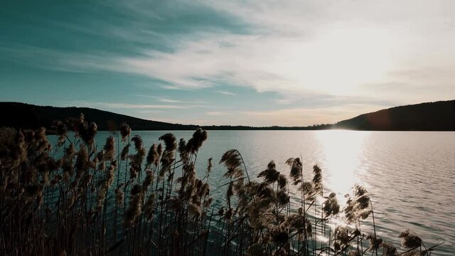 Aerial Drone - Sunset landscape on Lake Corgeno
