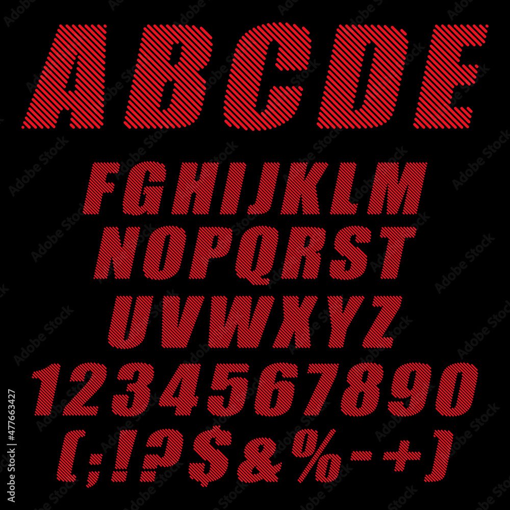 Poster alphabet, letters, numbers and signs from red stripes. isolated vector objects on a black background