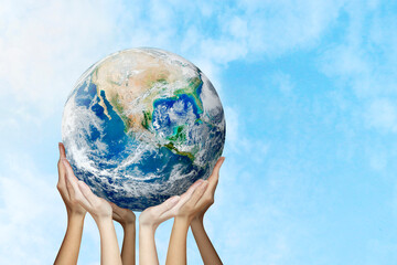 Hands hold planet earth. Concept of society, responsibility. Earth Day. Mother Nature. Global....