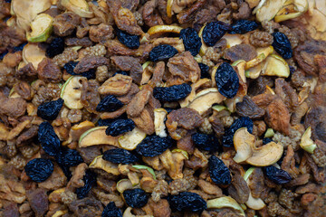 dried fruits. Dried apricots, black grapes, green grapes, apples and mulberries.