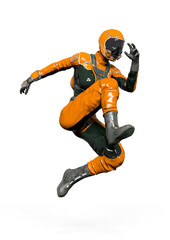 cosmonaut girl is jumping in action on white background