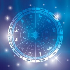 vector circle with signs on blue abstract background - Zodiac wheel