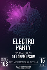 Electro party poster. Retro musical plate made of glowing abstract wavy shapes. Night dance invitation. Music disco. Flyer for your event. Club and DJ name. Vector