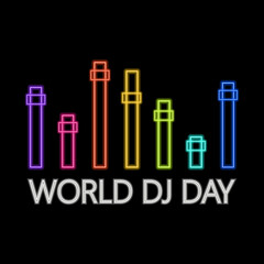 Part of the dj console with neon effect in the style of the contour of different color inscription world dj day with white glow. Vector illustration of neon objects. For party decoration