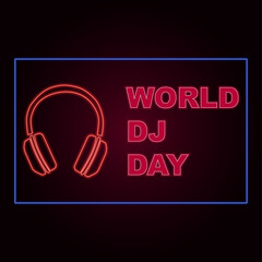 Headphones with neon effect of red color inscription world dj day on a dark background in outline style. To design a festive banner