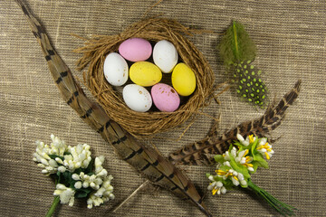 Multi-colored Easter eggs in the nest. Around the nest there are bird feathers and flowers.
