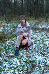 Girl walking vintage outdoor, season tree majestic mystical country, morning coat. Dress adult white, art jacket