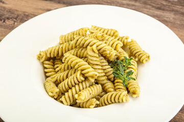 Italian pasta Fusilli with pesto