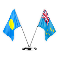 Two table flags isolated on white background 3d illustration, palau and tuvalu