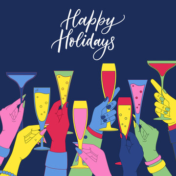 Human colorful hands holding drinking glasses with wine, champagne, cocktails. Vector illustration. Poster background