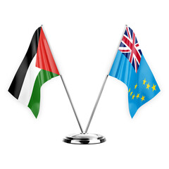 Two table flags isolated on white background 3d illustration, palestine and tuvalu