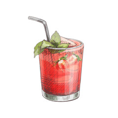 Mojito cocktail with straw, slice strawberry and mint leaf. Vintage hatching