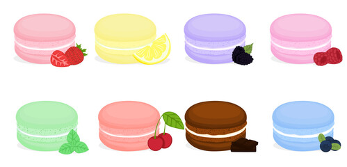 set of colorful macaroon cakes. French pastry macaron. Highly detailed collection dessert, macaroon, sweets, menu design, restaurants, shop