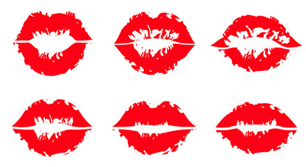 Red lips collection set. Red female glossy lips collection of various emotions. kiss ,smile, beauty