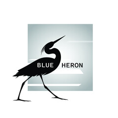 Silhouette of a walking heron against the background of a gray square. Vector drawing for logo, badge, emblem or icon with Blue Heron caption. 