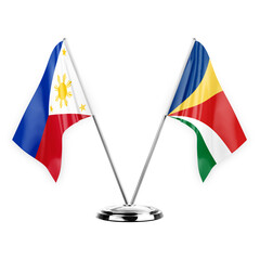 Two table flags isolated on white background 3d illustration, philippines and seychelles