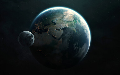 Fototapeta na wymiar Africa, Europe, Asia. Planet Earth and Moon view from space. Elements of image provided by Nasa