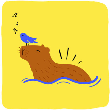 Brazilian capybara with singing bird hand drawing vector