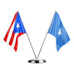 Two table flags isolated on white background 3d illustration, puerto rico and somalia