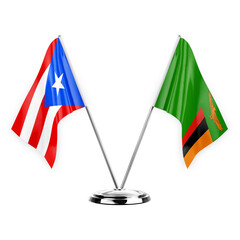 Two table flags isolated on white background 3d illustration, puerto rico and zambia