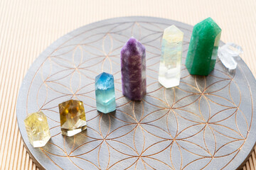 Healing crystals on brown background