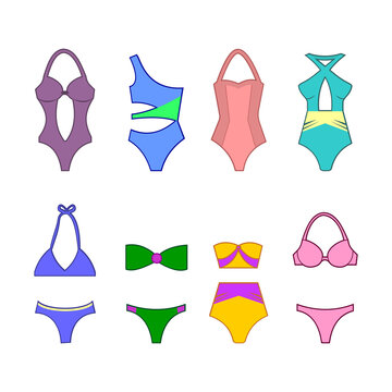 Set of women swimsuit isolated on white background. Swimwear bikini swimwear. Vector illustration
