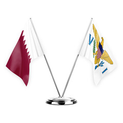 Two table flags isolated on white background 3d illustration, qatar and virgin islands