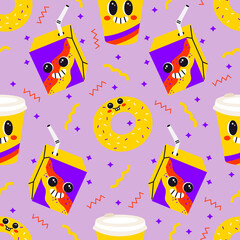 Vector seamless pattern with funny cartoon donut, coffee cup and drink box characters. Psychedelic comic face with crazy smile. Colorful retro background with fast food