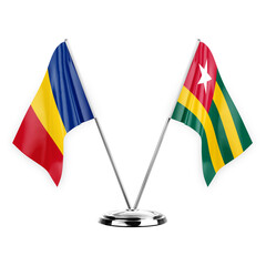 Two table flags isolated on white background 3d illustration, romania and togo