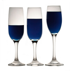 Degrees of comparison.  Blue liquid inside party glasses.
