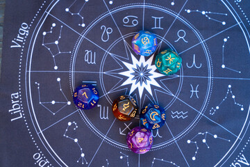 Zodiac horoscope with divination dice - obrazy, fototapety, plakaty