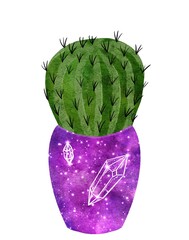 Celestial cactus clip art illustration in flowerpot with stars and cosmos pattern. Bright watercolor succulent isolated on white. Handdrawn prickly green house plant for mystic astrology design.