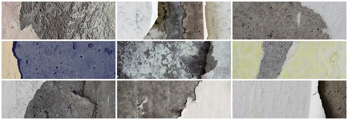 Set of textures of old torn paper wallpaper. Tattered scraps of paper on a concrete walls....