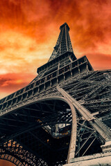 View of Eiffel Tower on sunset sky background