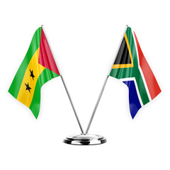 Two table flags isolated on white background 3d illustration, sao tome and principe and south africa