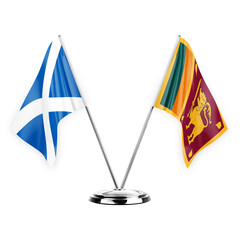 Two table flags isolated on white background 3d illustration, scotland and sri lanka