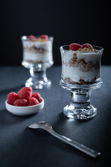 Selective focus shot of two glass bowls of vanilla yogurt with cinnamon roll granola and raspberry topping