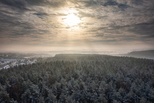 Aerial landscape of the snowy forest at winter, Poland. © Patryk Kosmider