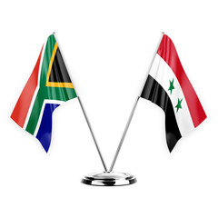 Two table flags isolated on white background 3d illustration, south africa and syria