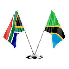 Two table flags isolated on white background 3d illustration, south africa and tanzania