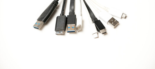 various usb connections close-up on a white background