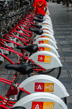 ANTWERP, BELGIUM - AUGUST 22, 2013:  Row of bicycles from the Velo company, a bike sharing service in Antwerp, Belgium