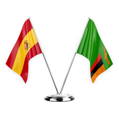 Two table flags isolated on white background 3d illustration, spain and zambia