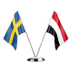 Two table flags isolated on white background 3d illustration, sweden and yemen