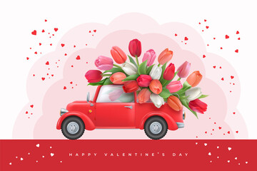 Valentines day background with flowers and car - obrazy, fototapety, plakaty